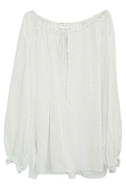 White silk chiffon polka dot print pullover tie-front tunic top with gathered neckline and blouson sleeves