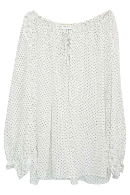 White silk chiffon polka dot print pullover tie-front tunic top with gathered neckline and blouson sleeves