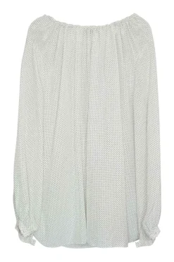 White silk chiffon polka dot print pullover tie-front tunic top with gathered neckline and blouson sleeves