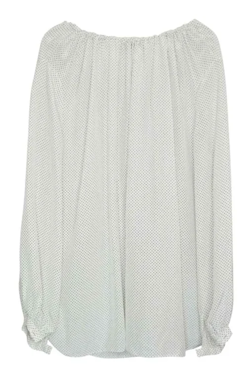 White silk chiffon polka dot print pullover tie-front tunic top with gathered neckline and blouson sleeves