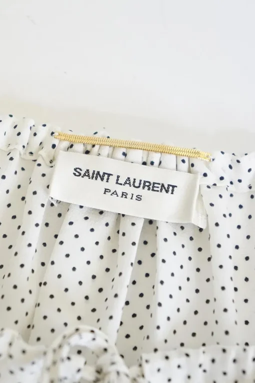 White silk chiffon polka dot print pullover tie-front tunic top with gathered neckline and blouson sleeves