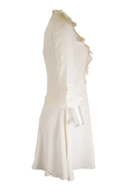 White silk mock neckline mini dress with lace-trimmed fitted bodice and three-quarter length flounce sleeves