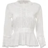 White silk-blend Edwardian combination-style pintuck peplum blouse with tonal lace inserts