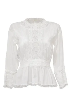 White silk-blend Edwardian combination-style pintuck peplum blouse with tonal lace inserts