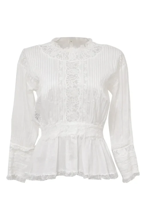 White silk-blend Edwardian combination-style pintuck peplum blouse with tonal lace inserts