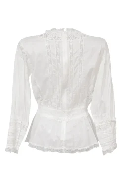White silk-blend Edwardian combination-style pintuck peplum blouse with tonal lace inserts
