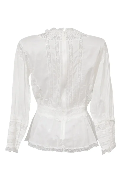 White silk-blend Edwardian combination-style pintuck peplum blouse with tonal lace inserts