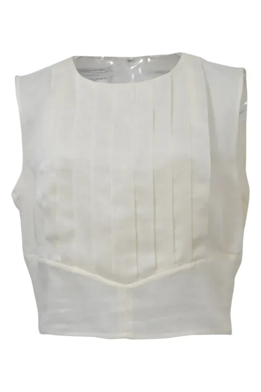 White sleeveless knife-pleat bib blouse with Coco Mark shank button keyhole back