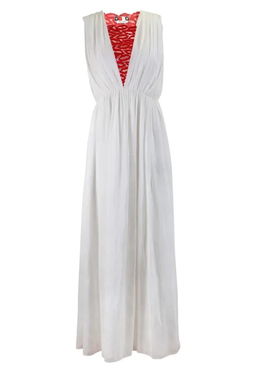 White sleeveless maxi dress with red accent