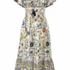 White smocked botanical-printed cotton voile off-the-shoulder midi dress