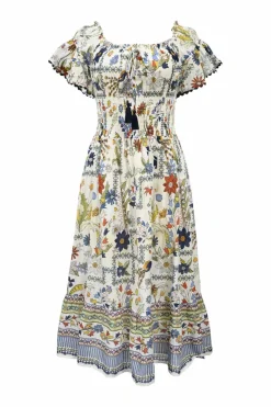 White smocked botanical-printed cotton voile off-the-shoulder midi dress