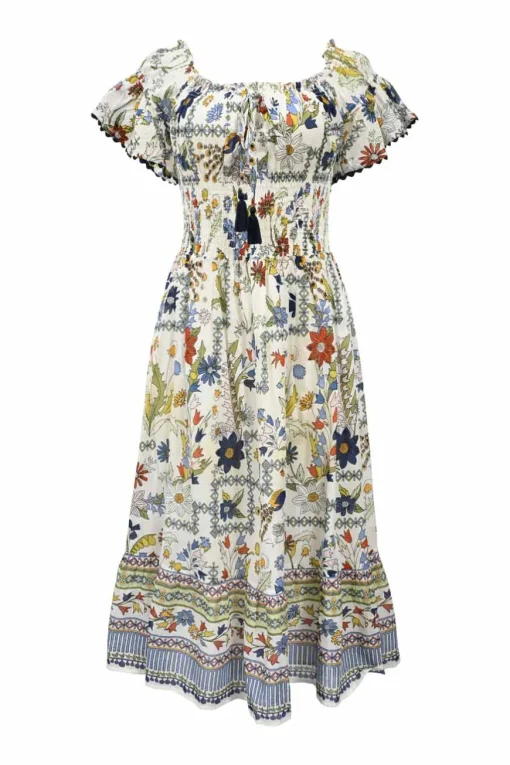 White smocked botanical-printed cotton voile off-the-shoulder midi dress