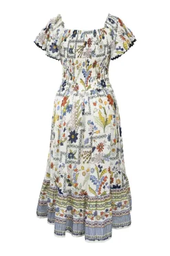 White smocked botanical-printed cotton voile off-the-shoulder midi dress