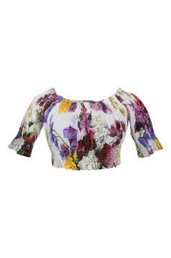White smocked cotton floral digi-print off-shoulder puff sleeve bandeau top