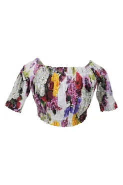 White smocked cotton floral digi-print off-shoulder puff sleeve bandeau top