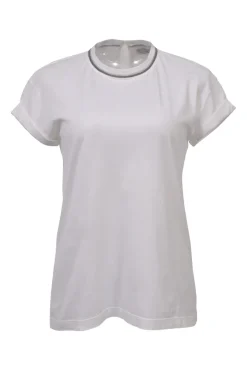 White strass-embellished cotton jersey knit crewneck T-shirt with keyhole back