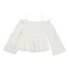 White stretch cotton poplin cold shoulder ruffle swing blouse with bell sleeves