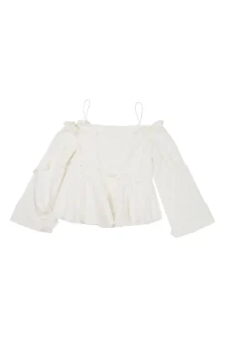 White stretch cotton poplin cold shoulder ruffle swing blouse with bell sleeves