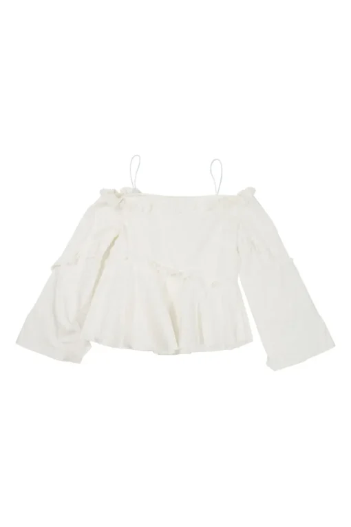 White stretch cotton poplin cold shoulder ruffle swing blouse with bell sleeves