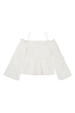 White stretch cotton poplin cold shoulder ruffle swing blouse with bell sleeves