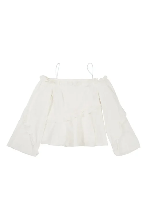 White stretch cotton poplin cold shoulder ruffle swing blouse with bell sleeves