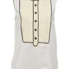 White stretch-cotton poplin mixed-media sleeveless top featuring contrasting ivory high-neck bib panel with black piping