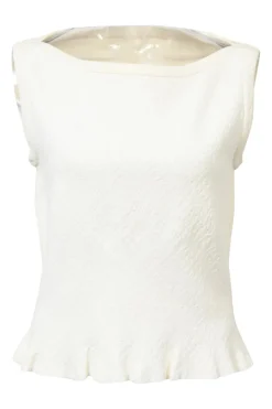 White stretch-viscose textured knit bateau-neck tank with flared hem