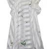 White striped floral polyester organza ruffle swing-style mini shift dress