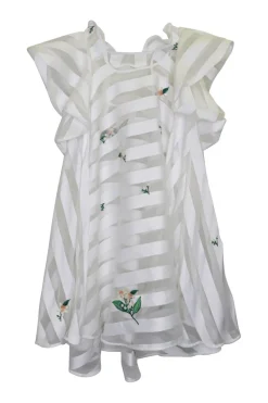 White striped floral polyester organza ruffle swing-style mini shift dress