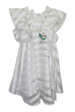 White striped floral polyester organza ruffle swing-style mini shift dress