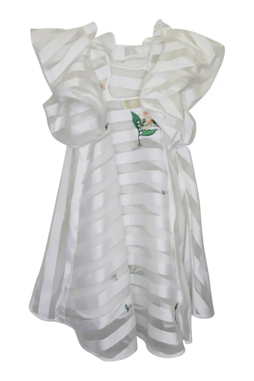 White striped floral polyester organza ruffle swing-style mini shift dress