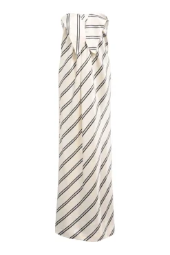 White striped polyester knotted strapless column maxi dress