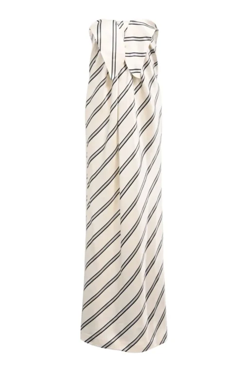 White striped polyester knotted strapless column maxi dress