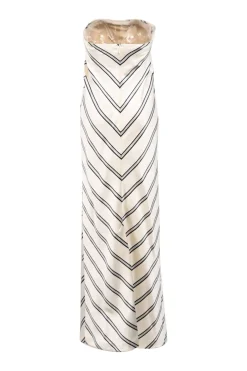 White striped polyester knotted strapless column maxi dress