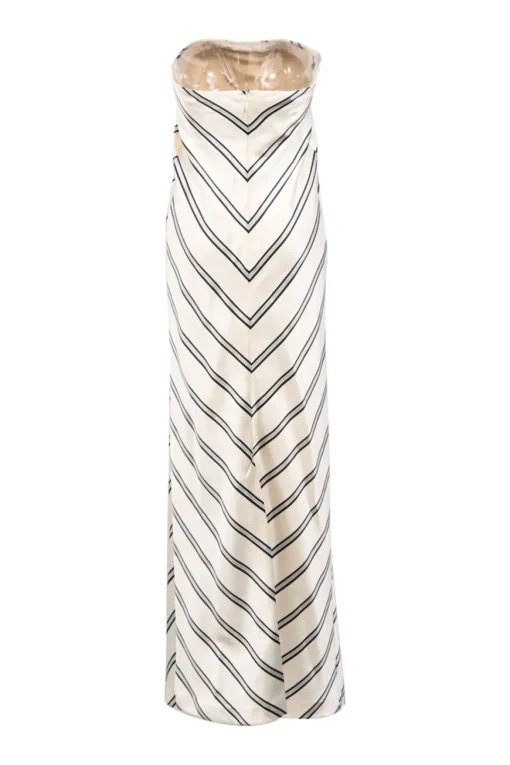 White striped polyester knotted strapless column maxi dress
