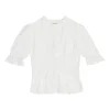 White Tencel button-front puff sleeve ruffle peplum top with cinched waist