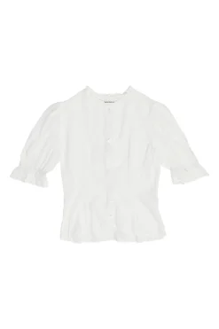 White Tencel button-front puff sleeve ruffle peplum top with cinched waist
