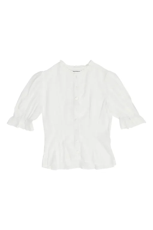 White Tencel button-front puff sleeve ruffle peplum top with cinched waist