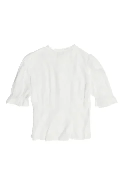 White Tencel button-front puff sleeve ruffle peplum top with cinched waist