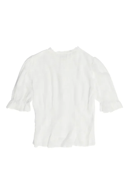 White Tencel button-front puff sleeve ruffle peplum top with cinched waist