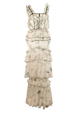 White tulle tiered ruffle maxi strap dress featuring floral embroidery in pastel colour and black trim