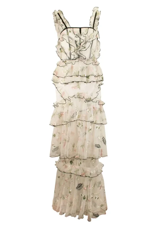 White tulle tiered ruffle maxi strap dress featuring floral embroidery in pastel colour and black trim