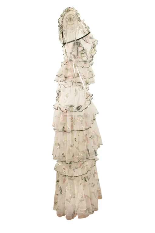 White tulle tiered ruffle maxi strap dress featuring floral embroidery in pastel colour and black trim