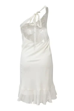 White viscose halter-neck mini dress with self-tie fastening at nape