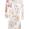 White viscose jersey butterfly print draped tie-neck pullover shift dress