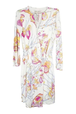 White viscose jersey butterfly print draped tie-neck pullover shift dress