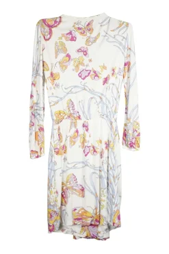 White viscose jersey butterfly print draped tie-neck pullover shift dress
