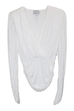 White viscose jersey wrap-effect long sleeve plunge draped top