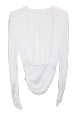 White viscose jersey wrap-effect long sleeve plunge draped top