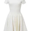 White viscose-blend 3D knit portrait neck drop-waist short sleeve A-line dress